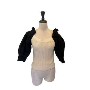 Zara Women's Puff Sleeve Contrast Ribbed Knit Blouse Black White Size Medium